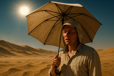 person using sun umbrella in desert and extreme heat area in portrait